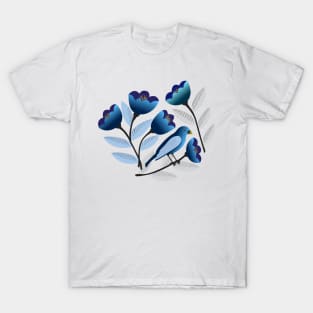 Blue bird amid the tulips T-Shirt